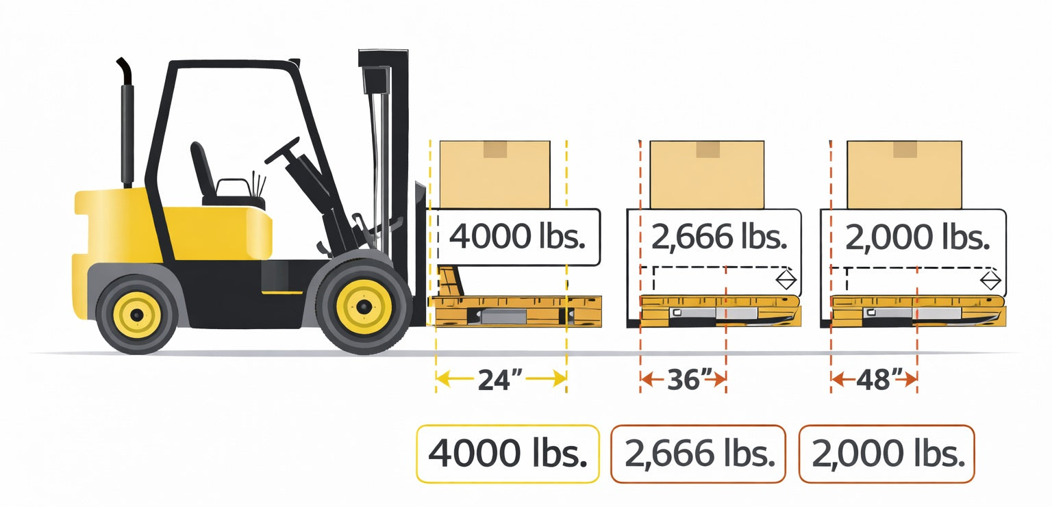 Forklift load center capacity diagram showing 24 inch, 36 inch, and 48 inch load centers and their effect on lifting capacity.