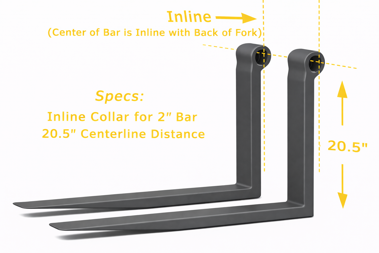 Telehandler Forks - 2" x 5" x 60" - 20.5" Centerline - 2" Bar - Inline Collar (Pair)