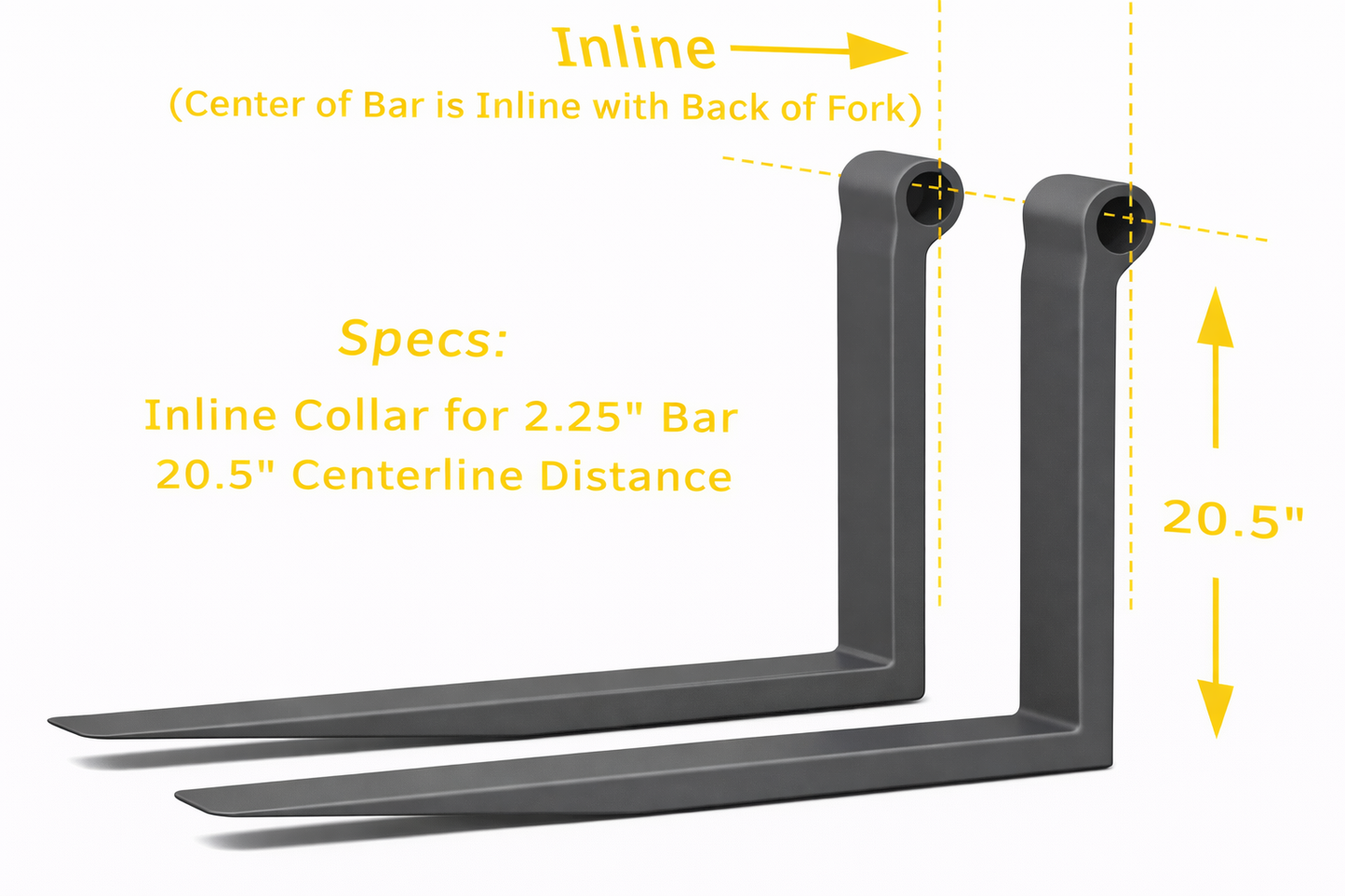 Telehandler Forks - 2" x 6" x 60" - 20.5" Centerline - 2.25" Bar - Inline Collar (Pair)