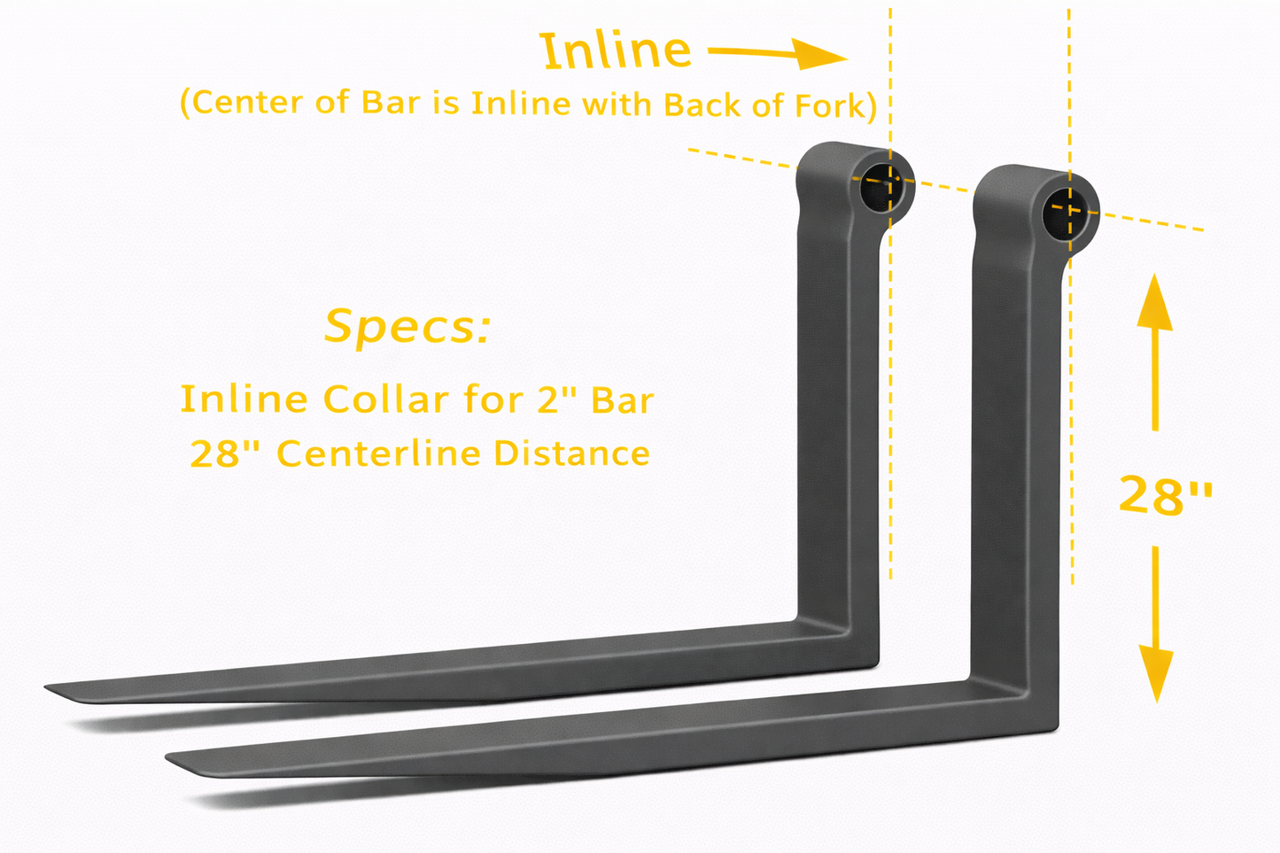 Telehandler Forks - 2" x 5" x 96" - 28" Centerline - 2" Bar - Inline Collar (Pair)