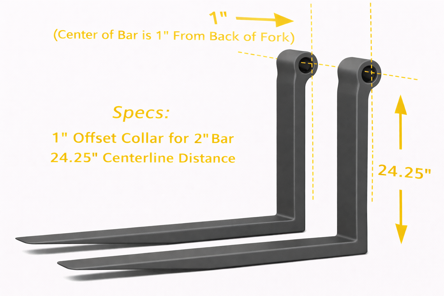 Telehandler Forks - 2" x 4" x 48" - 24.25" Centerline - 2" Bar - Offset Collar (Pair)