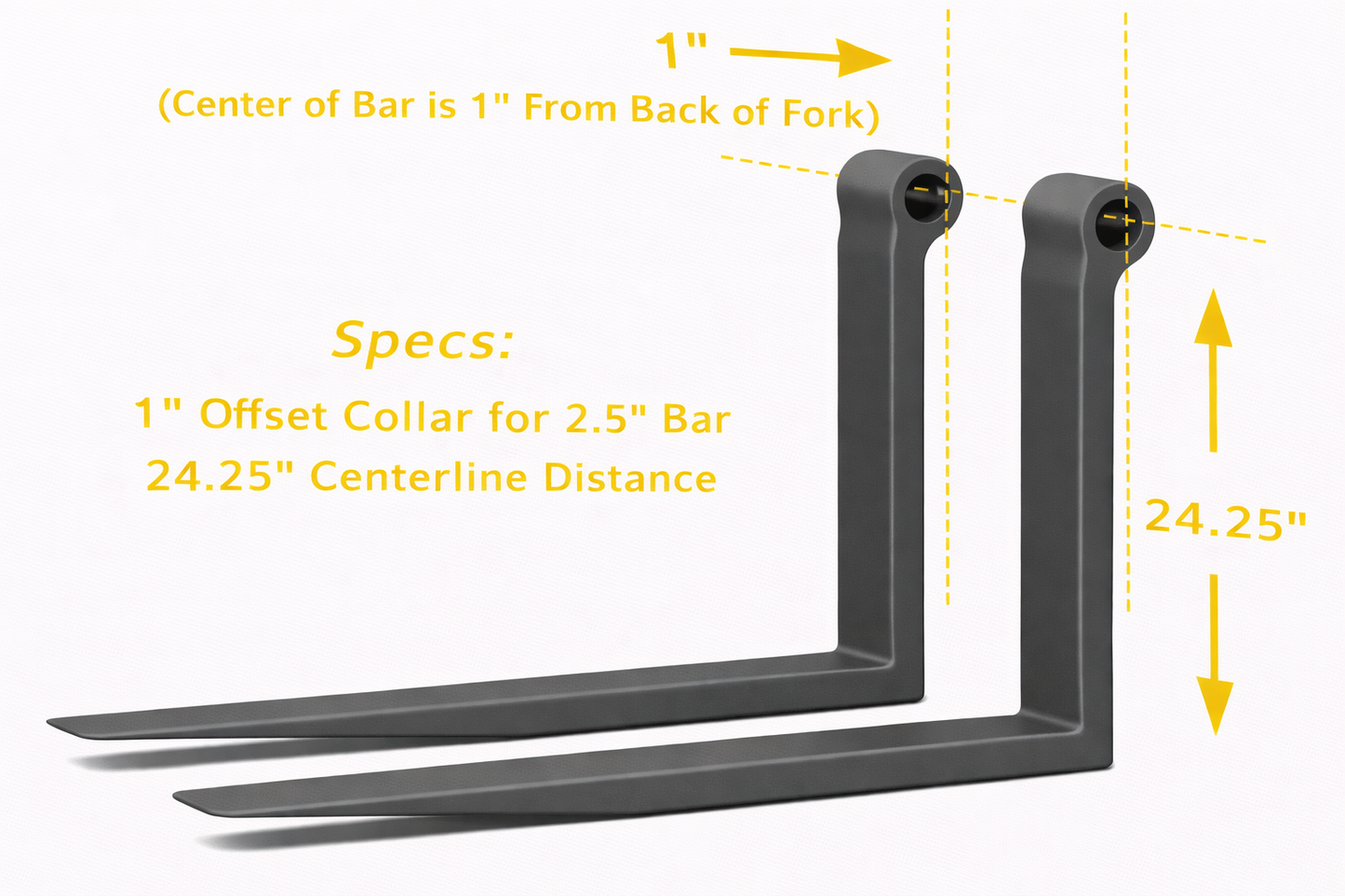 Telehandler Forks - 2" x 6" x 96" - 24.25" Centerline - 2.5" Bar - Offset Collar (Pair)
